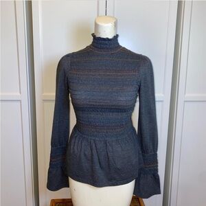 Rocks & Indigo mock neck peplum top with rainbow stitching